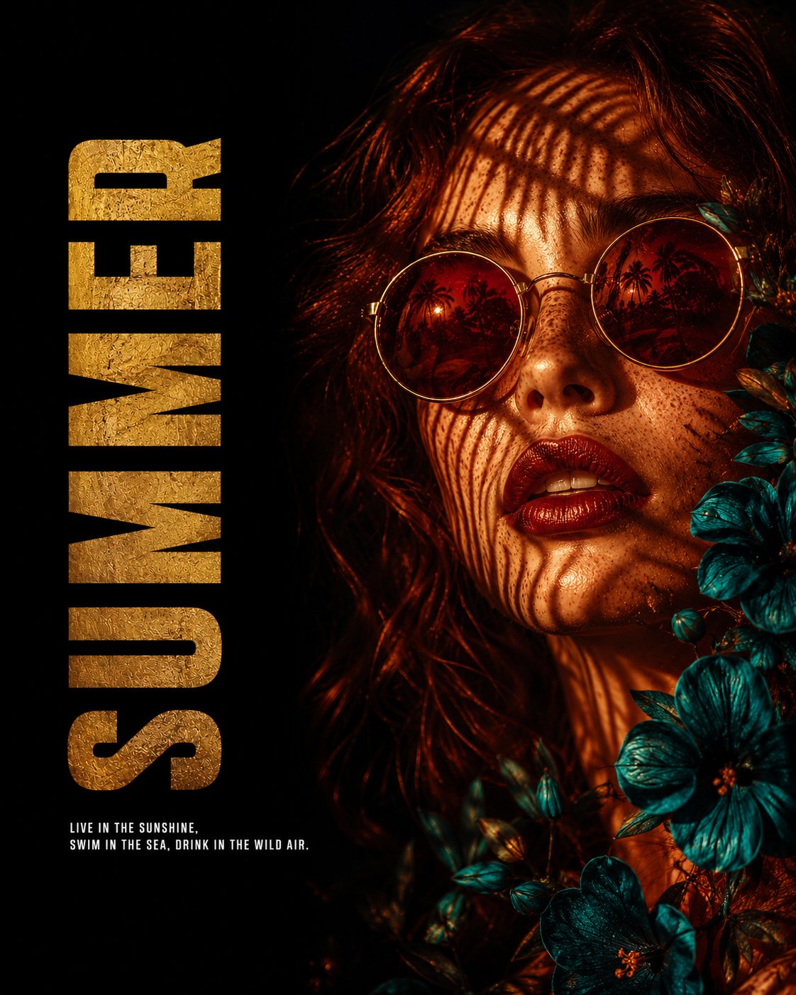 Wide summer editorial poster, young woman with auburn hair and round re…