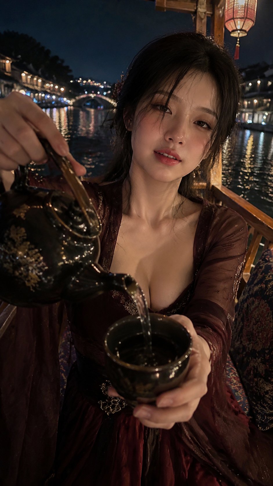 生成一张 9:16 竖版高清写实古风 POV 敬酒互动写真，主题是【场景 + 动作】。 画面要像朋友用手机在古风夜游途中近距离抓拍到的真实瞬间… 1
