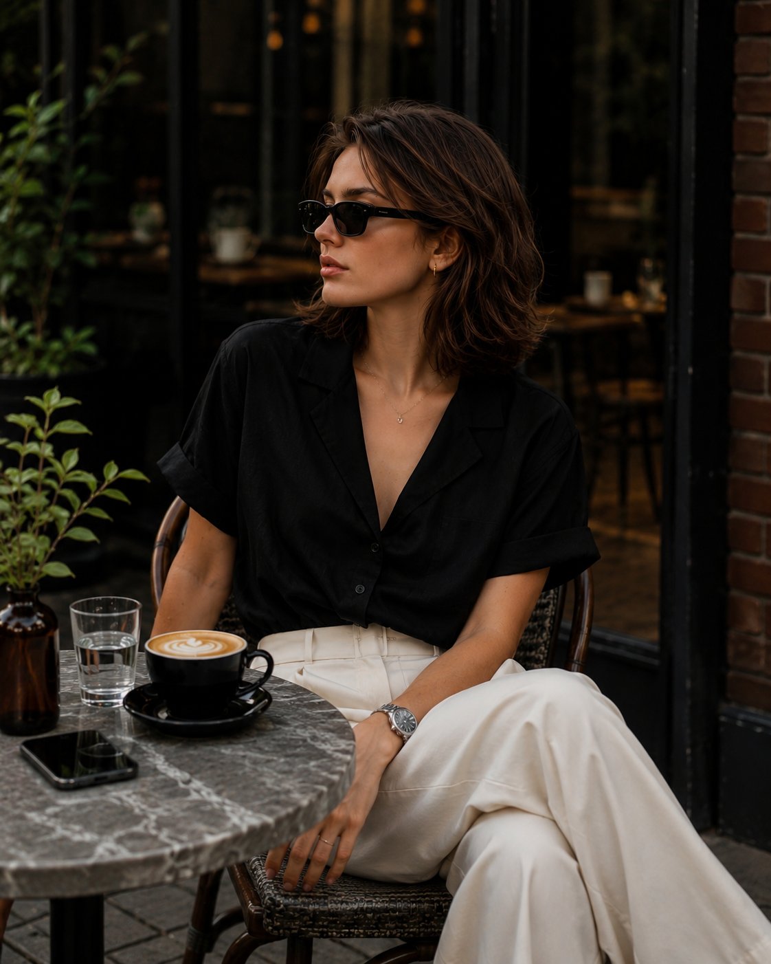 Create an elegant café lifestyle portrait of a fashionable young woman … 1