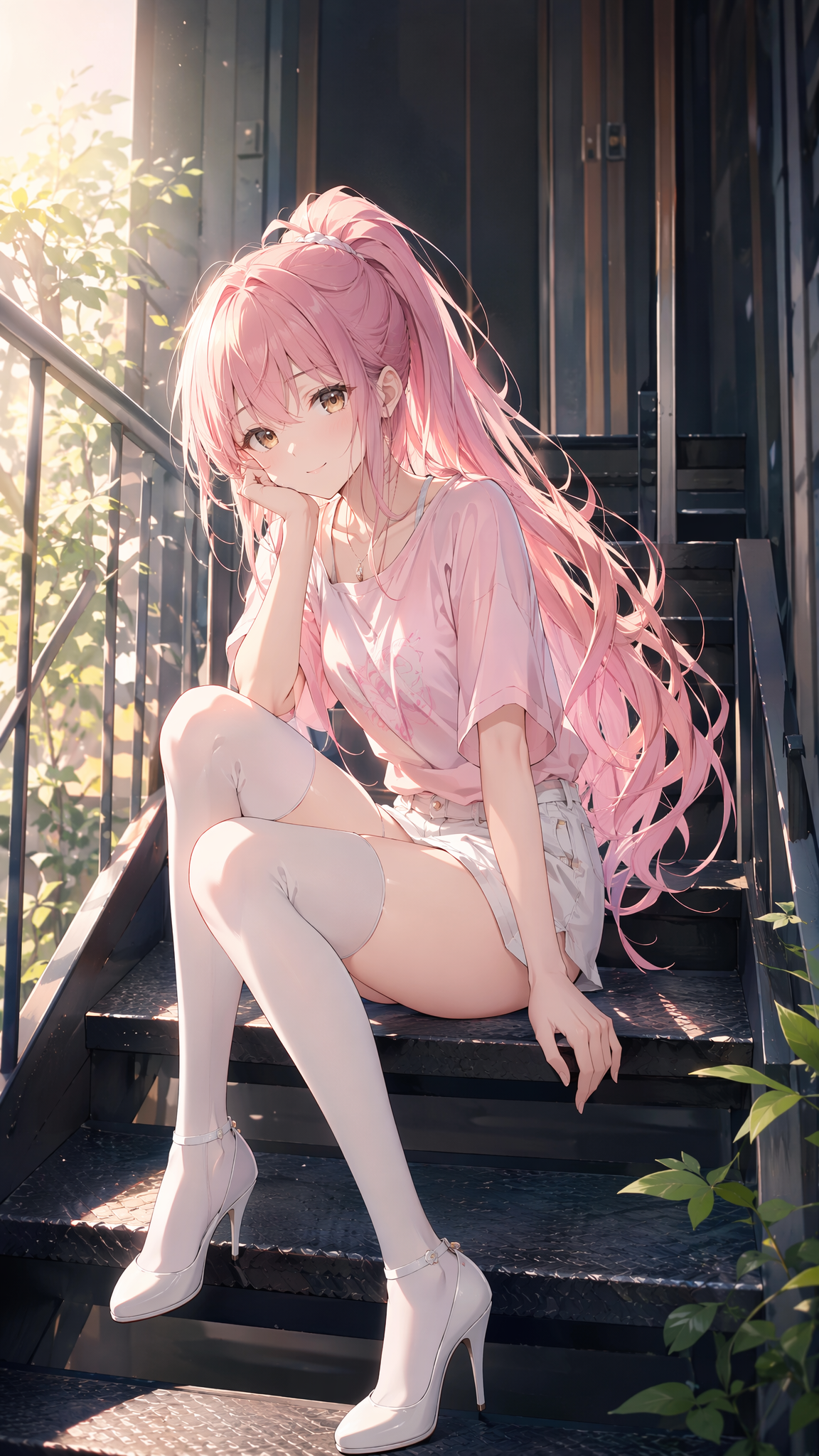 竖屏手机壁纸，二次元动漫插画，粉色长发年轻少女坐在室外楼梯上，超长粉发高马尾，发丝柔顺飘散，金棕色眼睛，温柔微笑， 侧身坐姿，一只手托腮，一只…