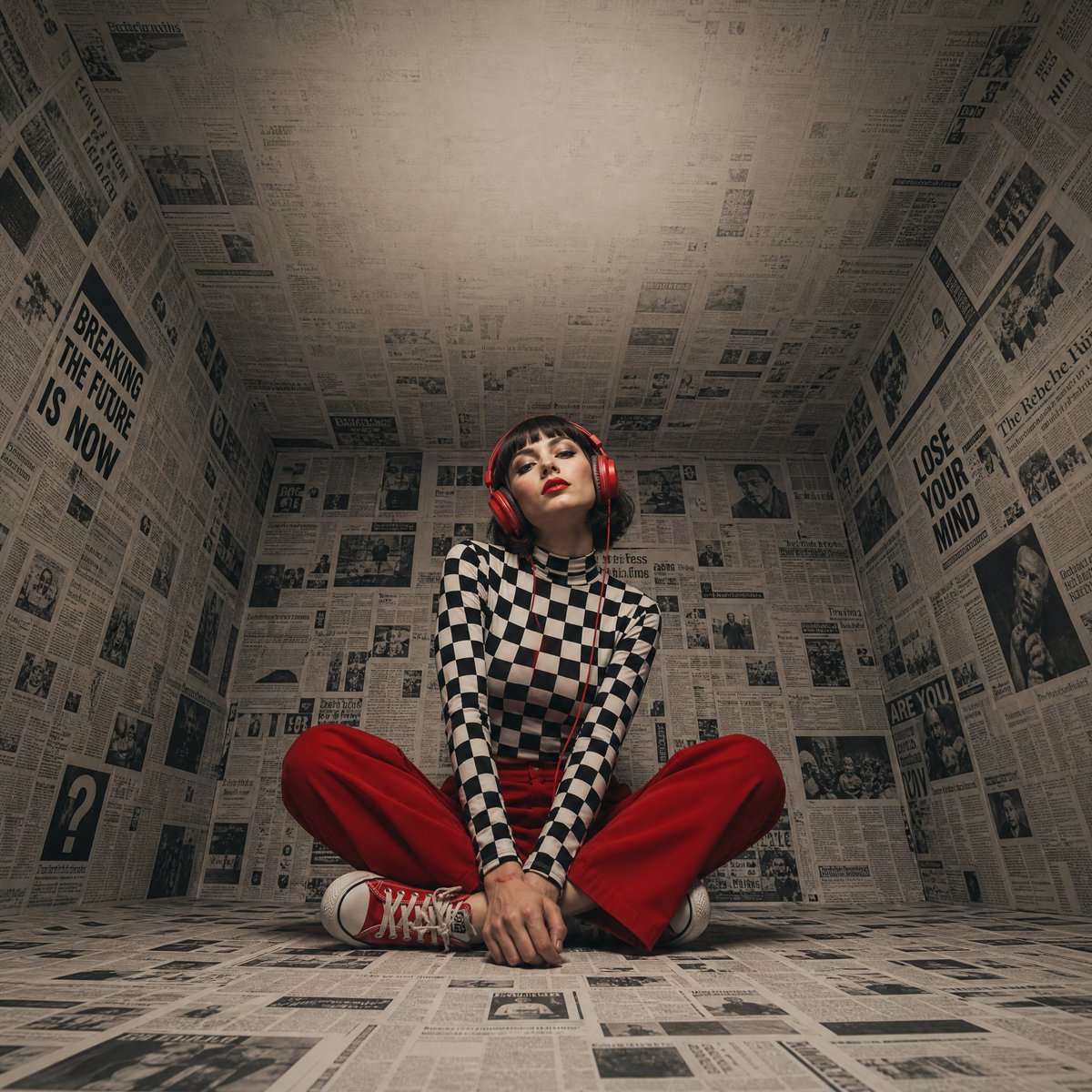 Wide surreal fashion shot, woman sitting cross-legged centered inside s…