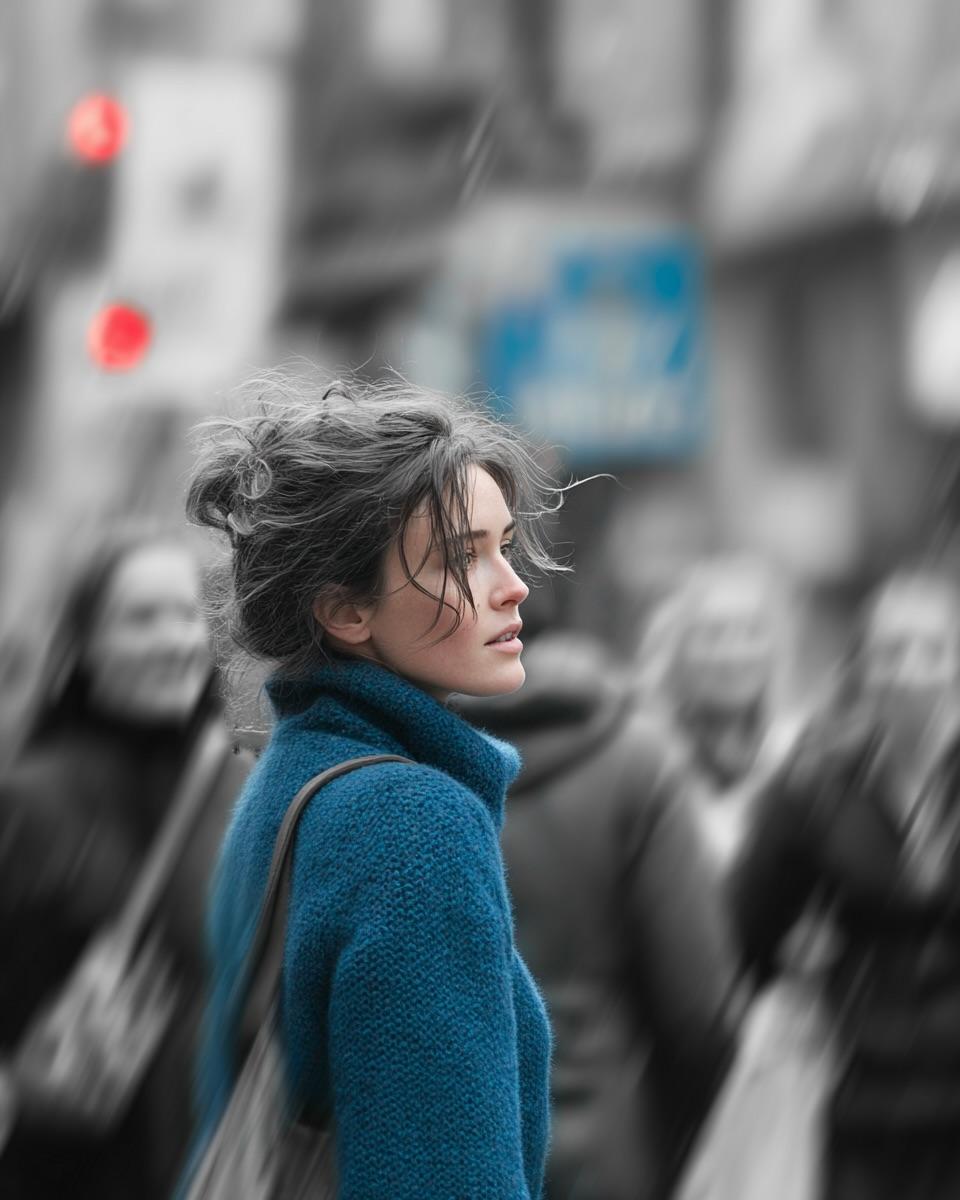 A cinematic street portrait of a young woman walking through a crowded … 1