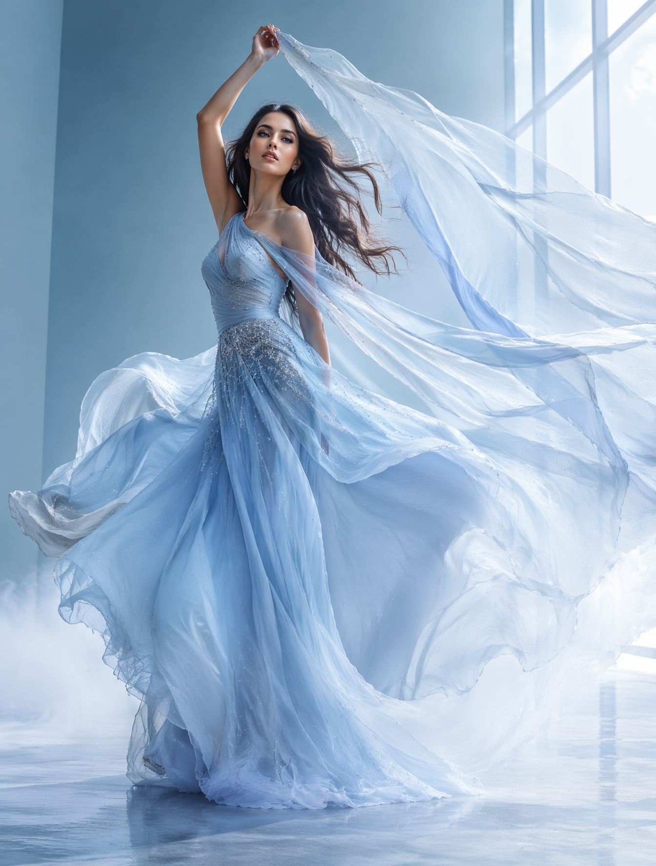Tall woman, mid-20s, long glossy hair flowing in the wind, striking che…