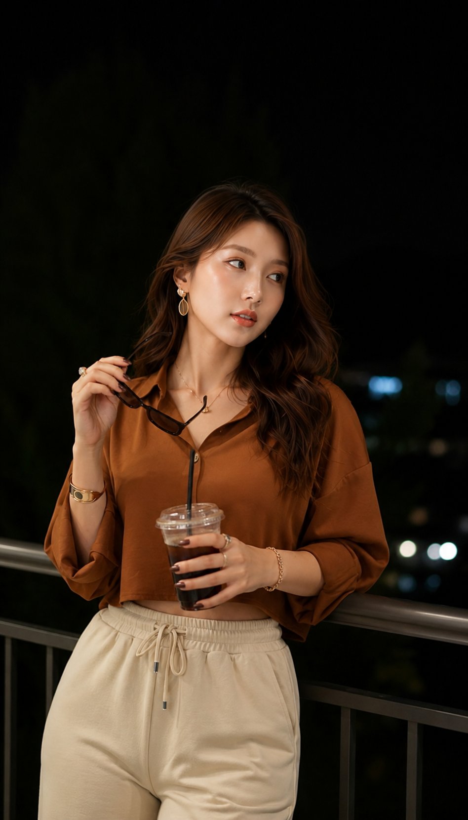 Ultra-realistic night portrait of a stylish young woman standing on a m… 2