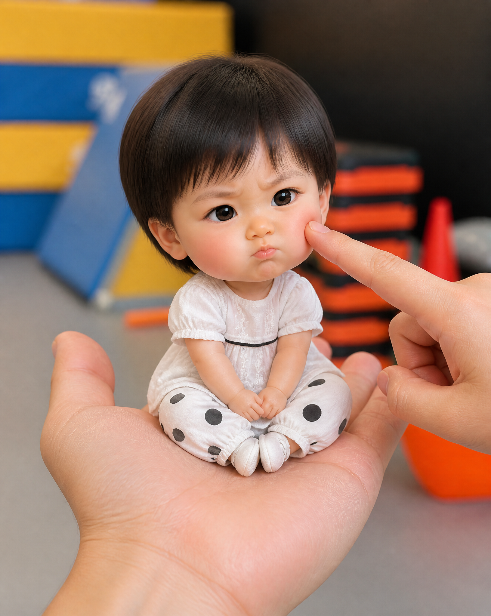 A mini chibi version of the character in the uploaded image, with a big…