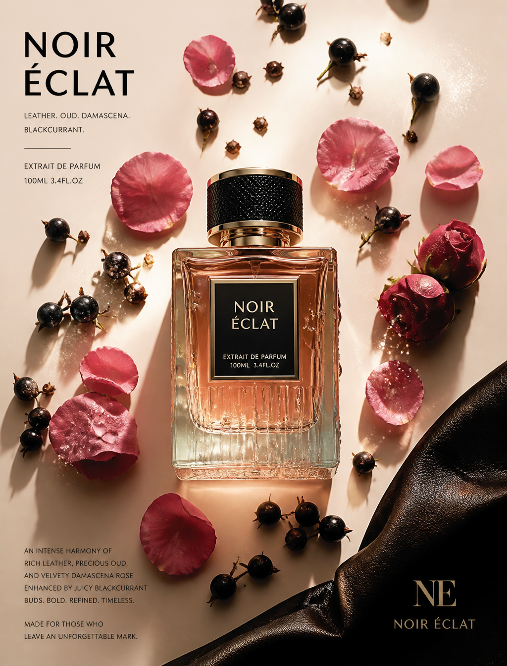 Subject & action A premium glass perfume bottle centered in a minimalis…