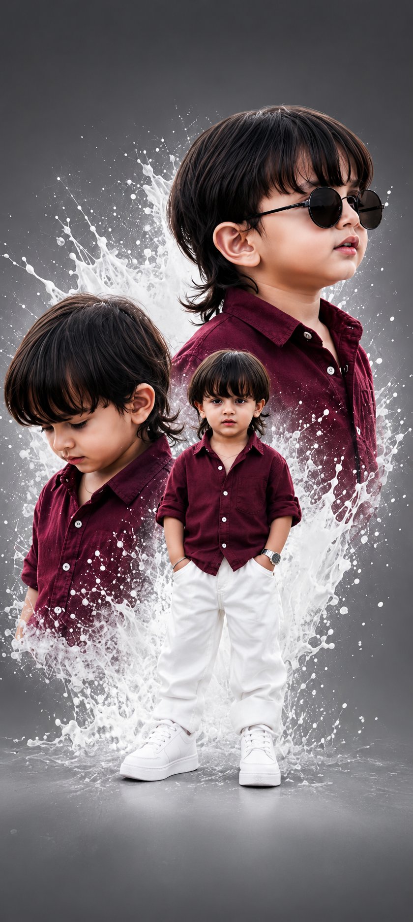 A hyper-realistic premium studio portrait collage of a stylish little b…