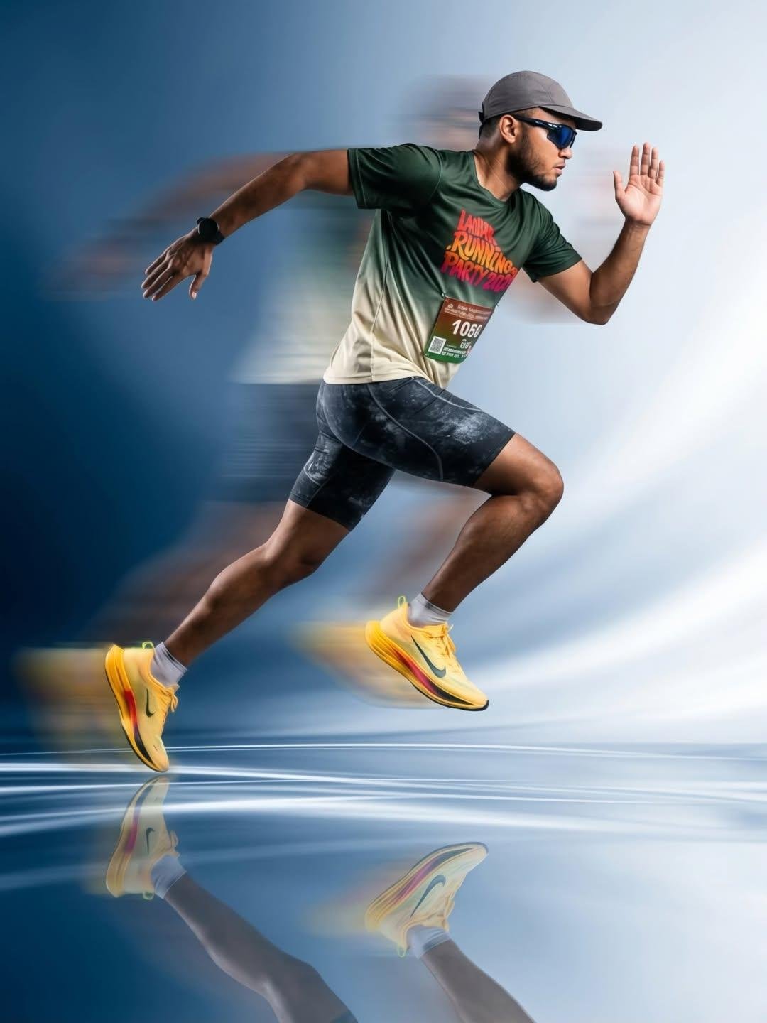 Dynamic sports fashion campaign photo of a male athlete sprinting mid-a…