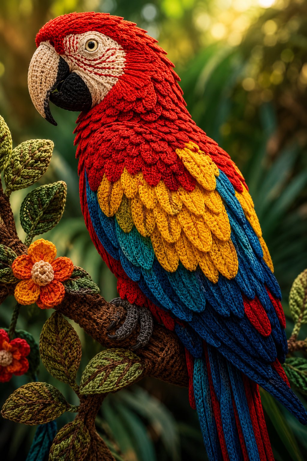 Prompts: A magnificent Scarlet Macaw perched on a tropical branch, enti…