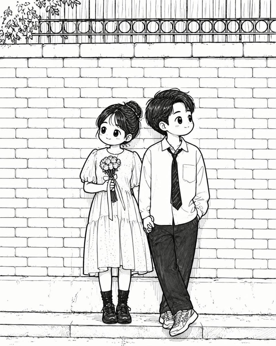 Convert the uploaded photo into a cute black-and-white hand-drawn doodl…