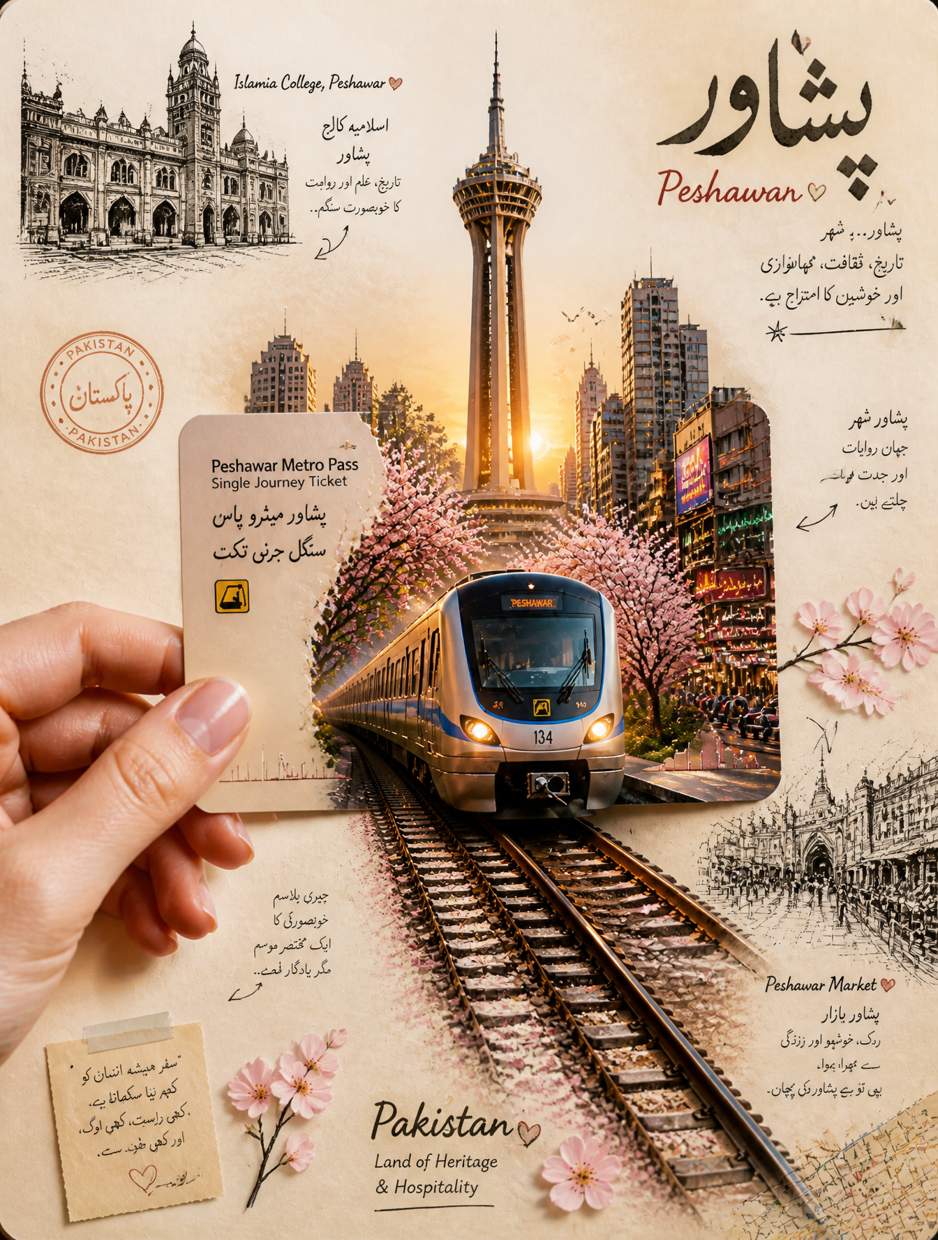 A highly aesthetic travel-journal collage of Pakistan, designed in a mo…