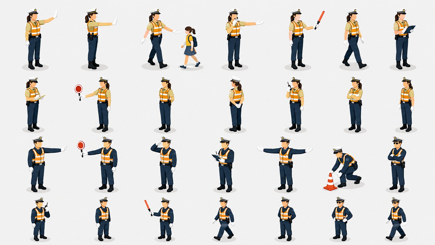 An isometric-style character pose sheet featuring multiple full-body fo… 2
