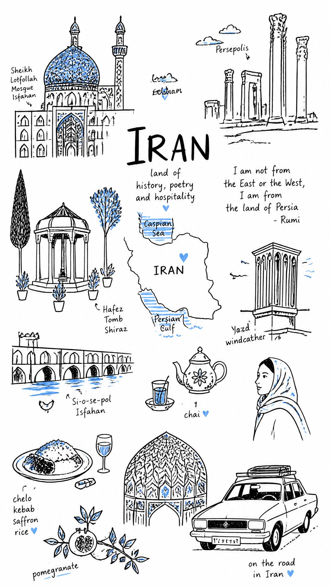 Create a charming editorial travel illustration of [Iran] in a simple h…