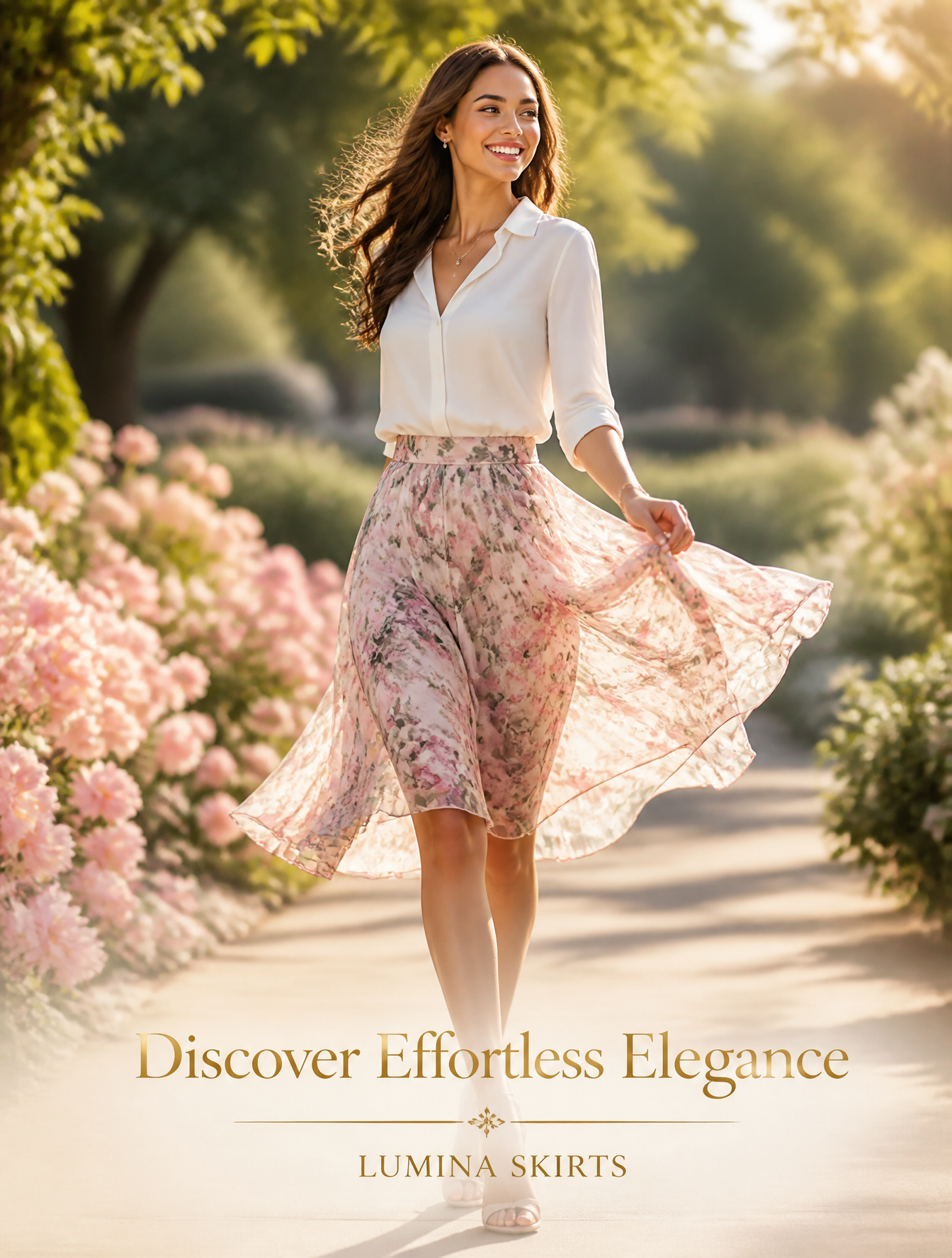 "Beautiful high-fashion advertisement for women's skirts, a graceful yo…