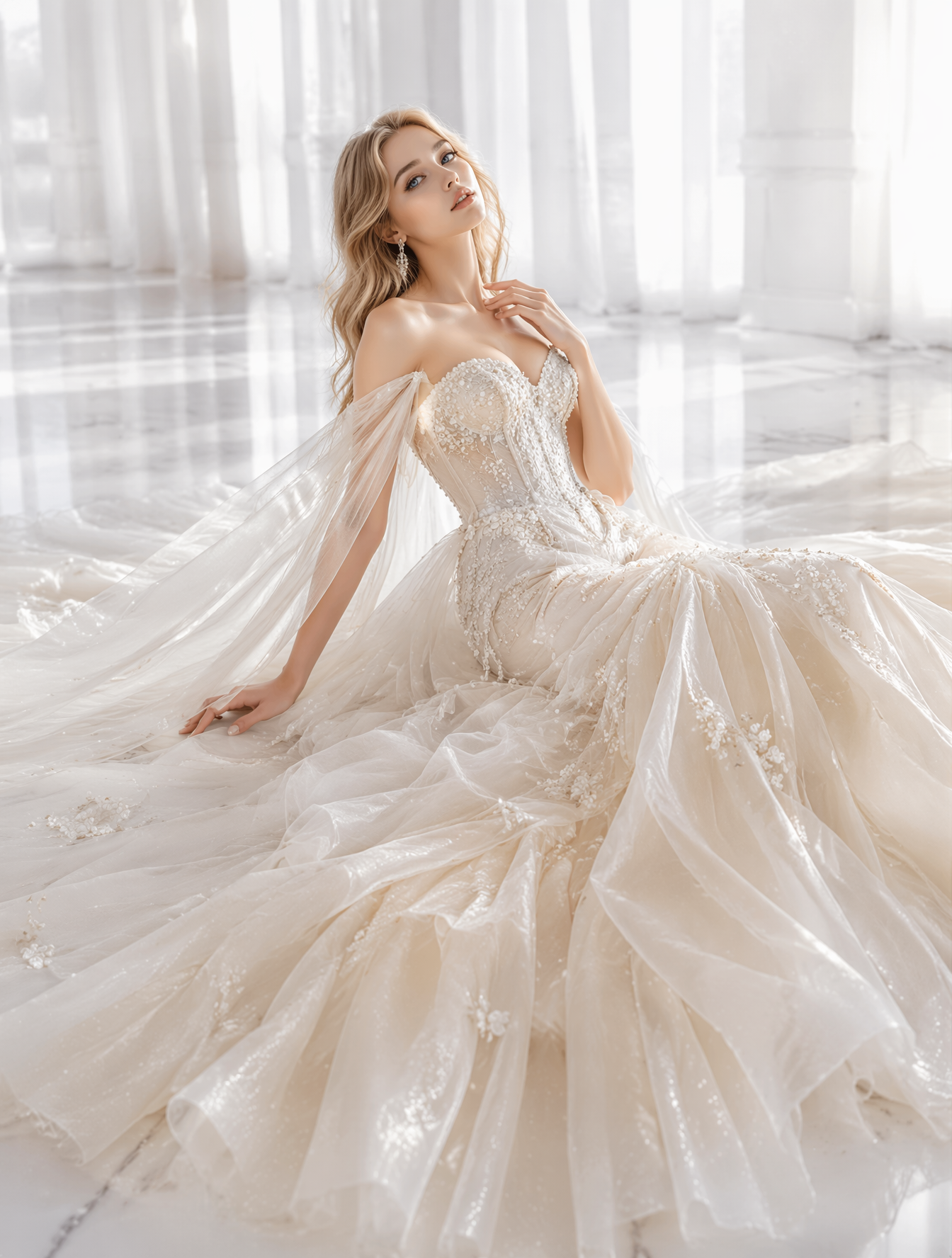 Expressive blue eyesDress Design: Custom ivory-and-pearl couture gown. …