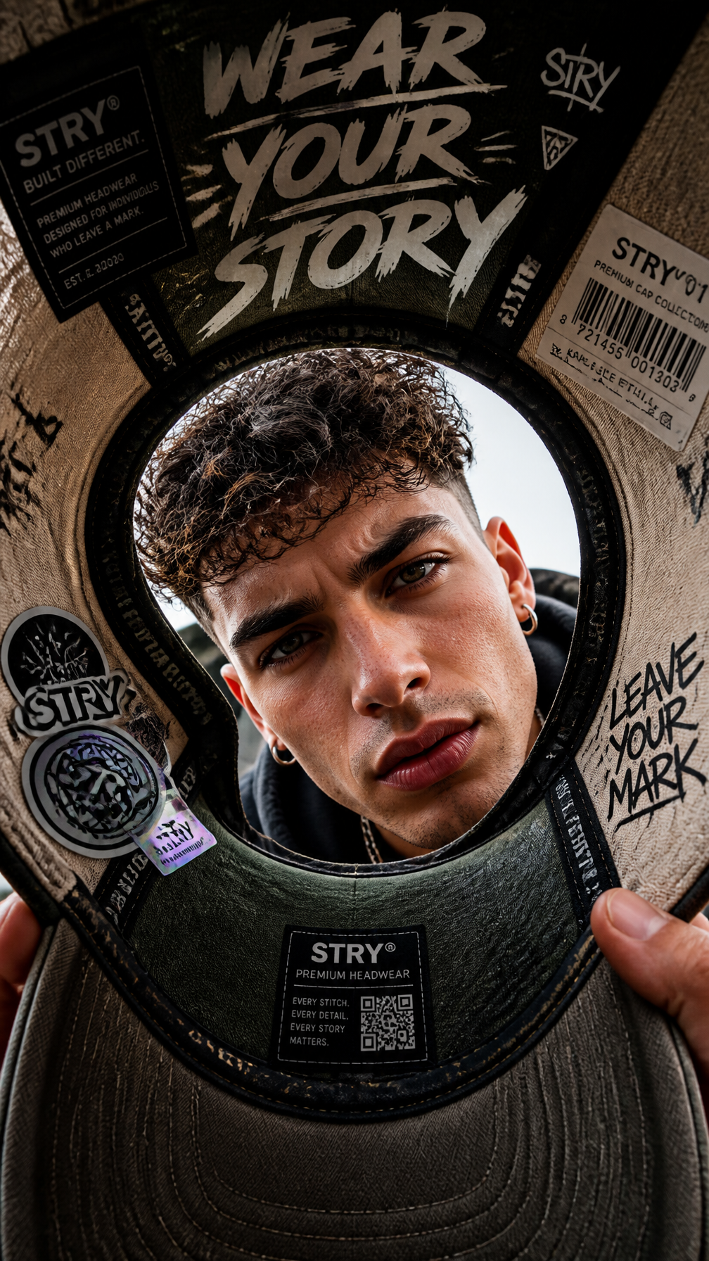 A premium 9:16 streetwear advertising poster.Main Subject:A young male …