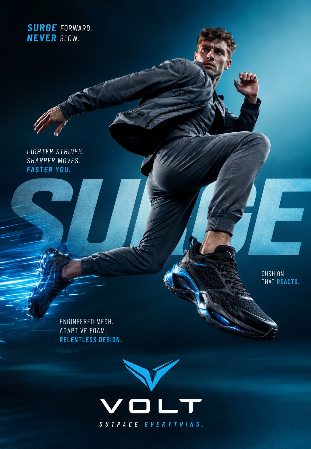 Sneaker ad poster with the leap pose is dynamic and high-energy.