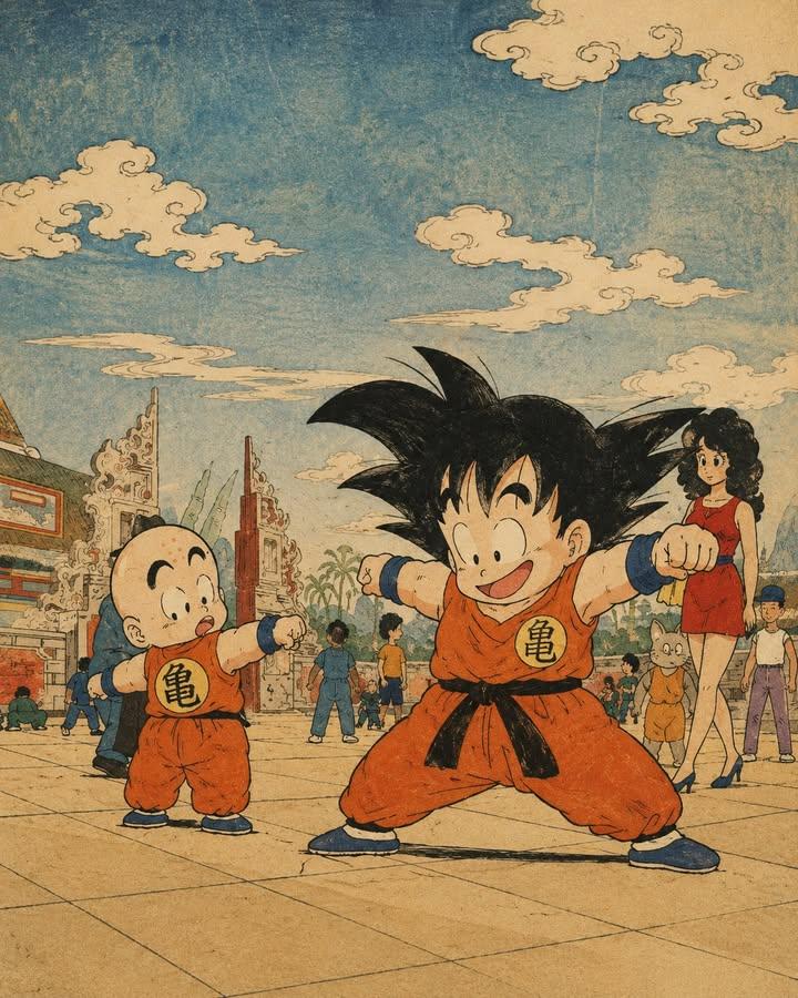 A vintage Japanese ukiyo-e woodblock print reimagining a classic anime …
