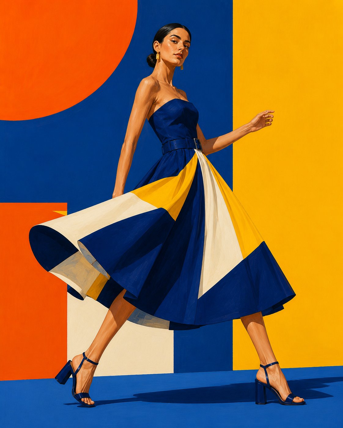Wide fashion illustration poster, woman in geometric color-block dress … 2