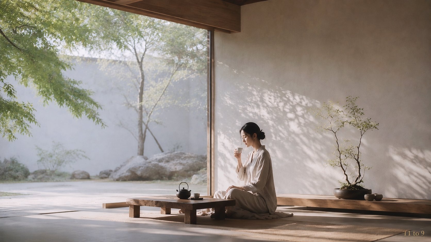 高级时装大片禅意环境人像，东亚成年美丽女性，主题「静·禅」。真实摄影主体 + 极简禅意室内空间 + 大面积负空间（留白）。画面不依靠夸张的表情…