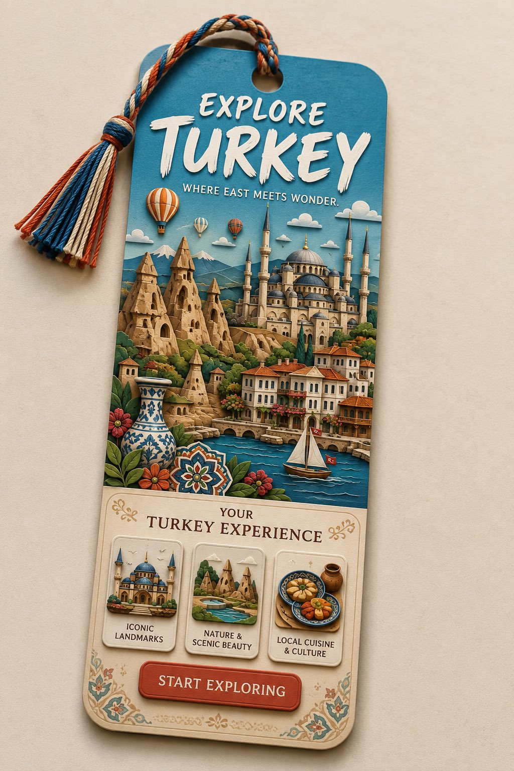 Create a premium vertical 2:3 collectible travel bookmark featuring {LO…