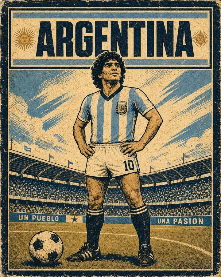 A vintage-style screen-printed national football poster in a retro prop…