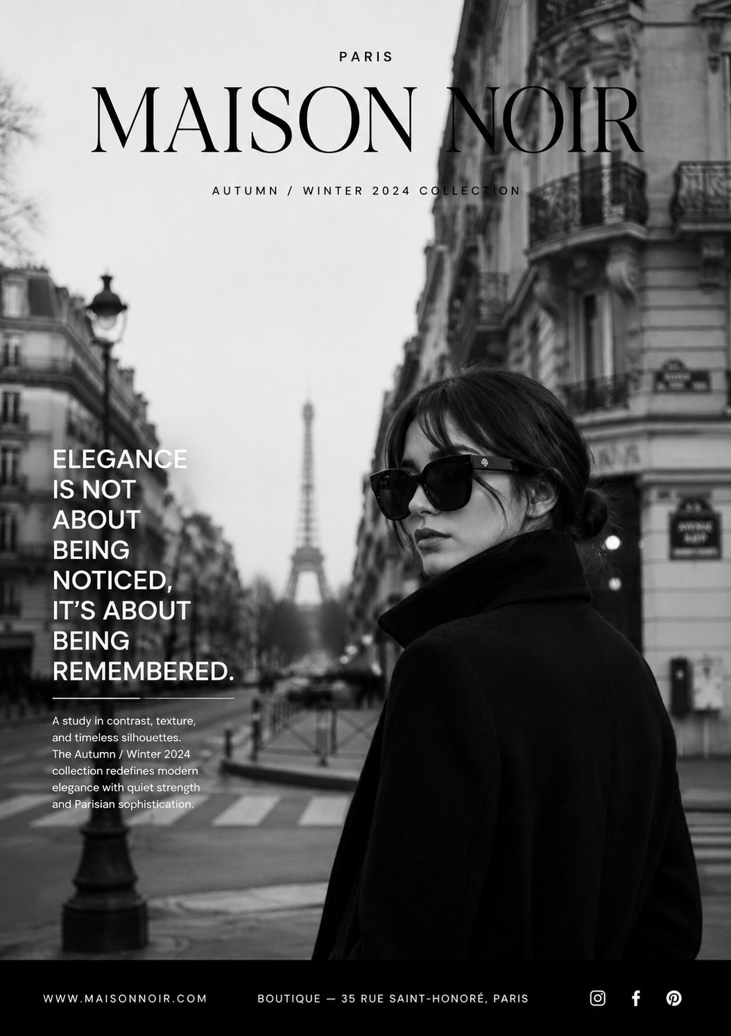 Create a premium luxury fashion advertisement in a minimalist Parisian …