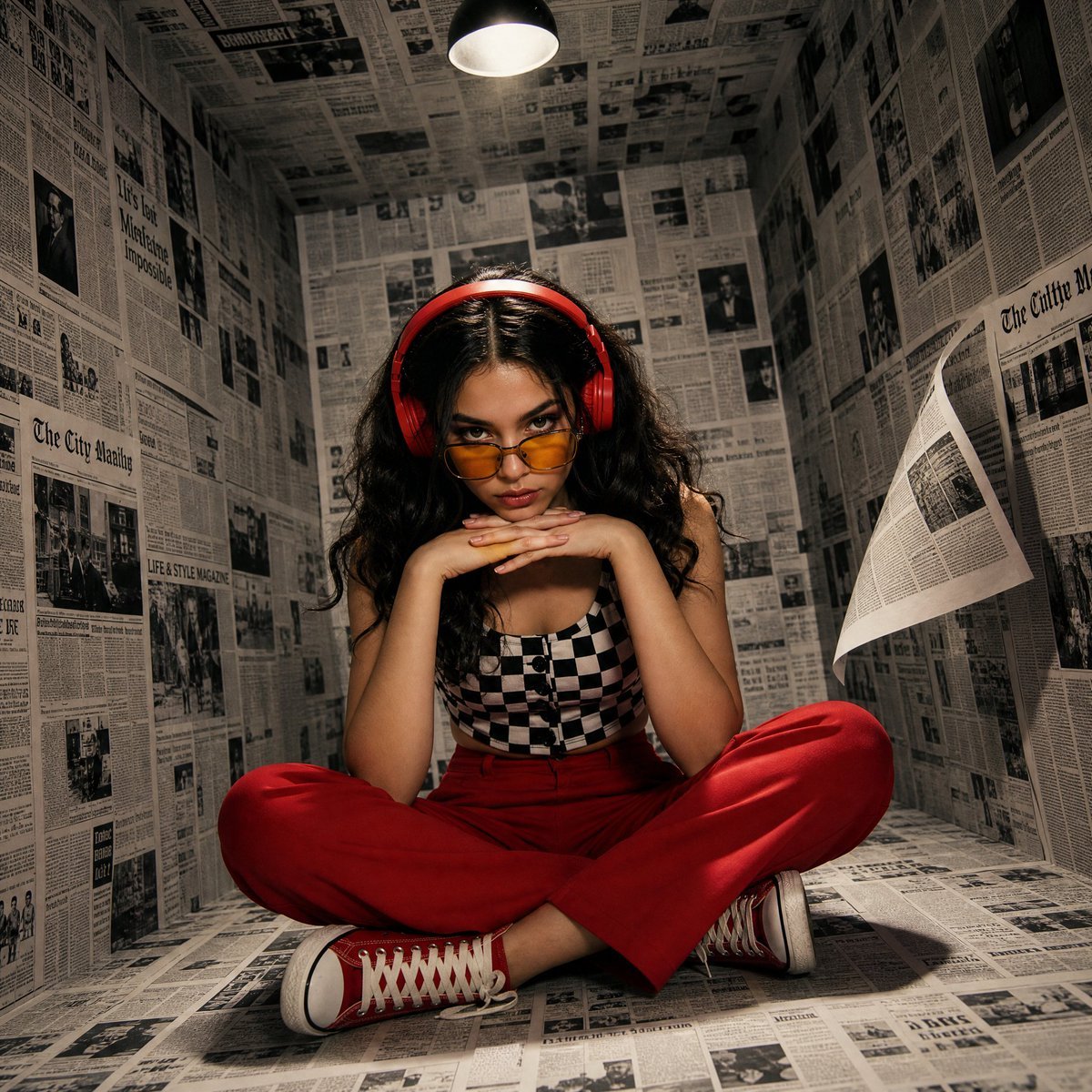 Wide surreal fashion shot, woman sitting cross-legged centered inside s… 3