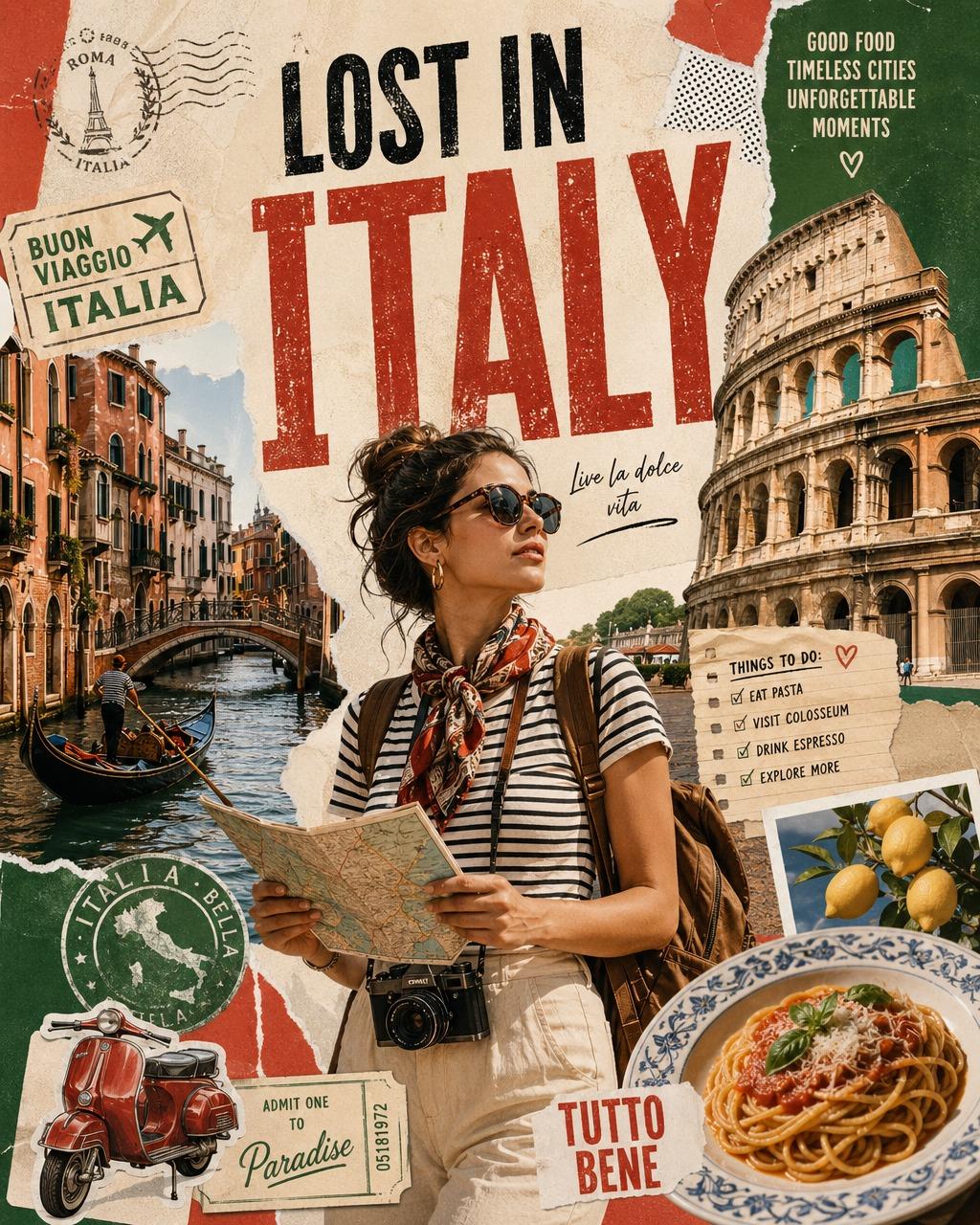 Create a premium vintage travel collage poster titled "LOST IN [COUNTRY… 1
