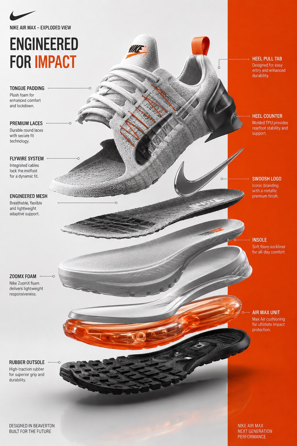 . A premium exploded-view infographic of a futuristic Nike sneaker, all…