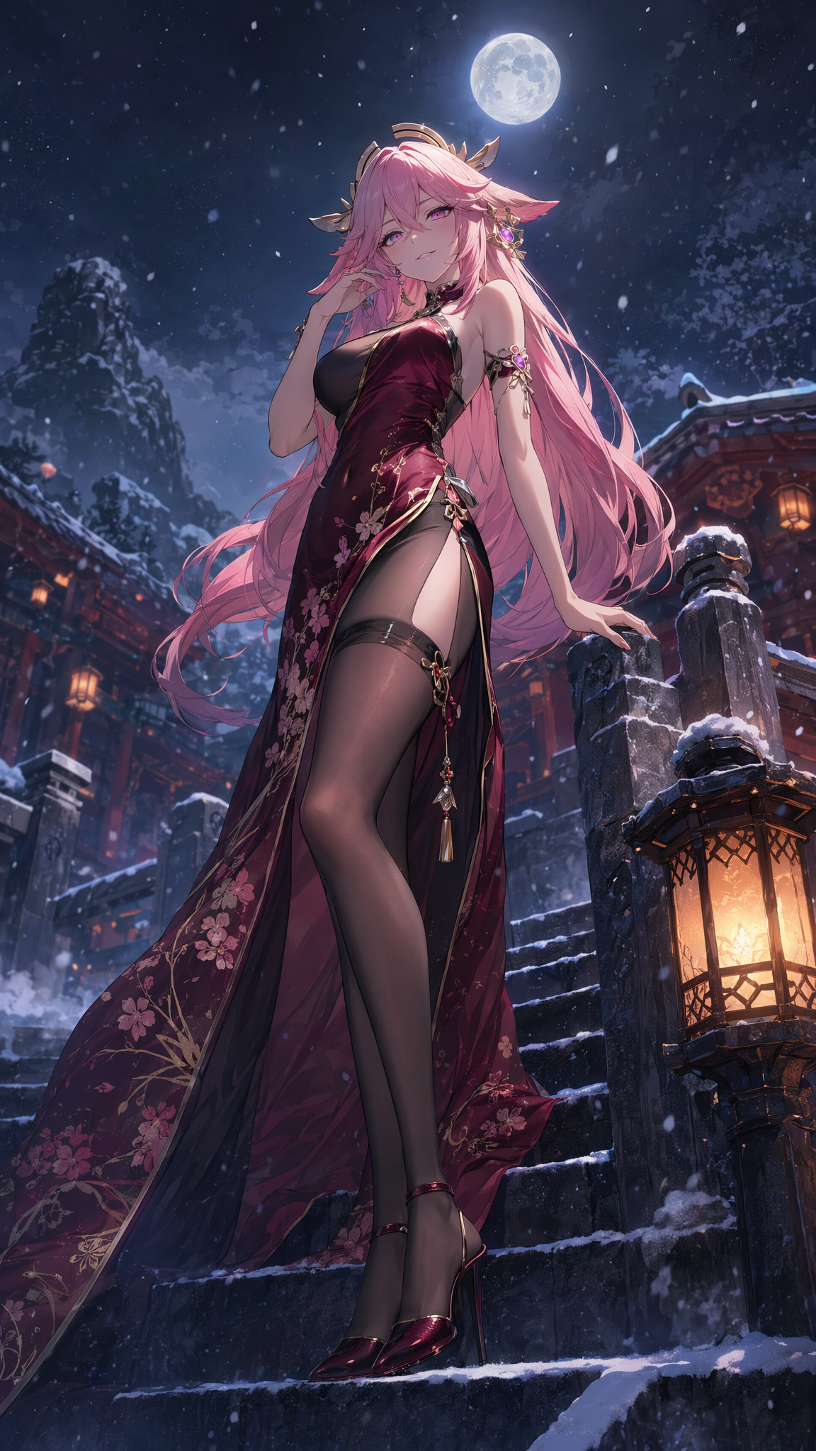 ### 八重神子｜雪夜石阶高开衩礼服用途：手机壁纸 / image2 参考图工作流正向提示词：请使用输入参考图作为角色身份参考。重点参考八重神…