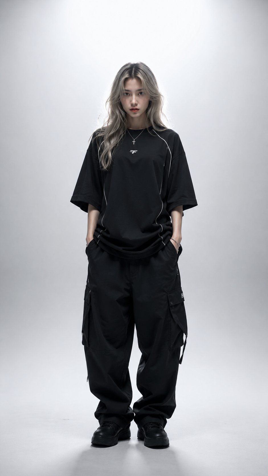Ultra-realistic high-fashion editorial studio portrait of a young woman…