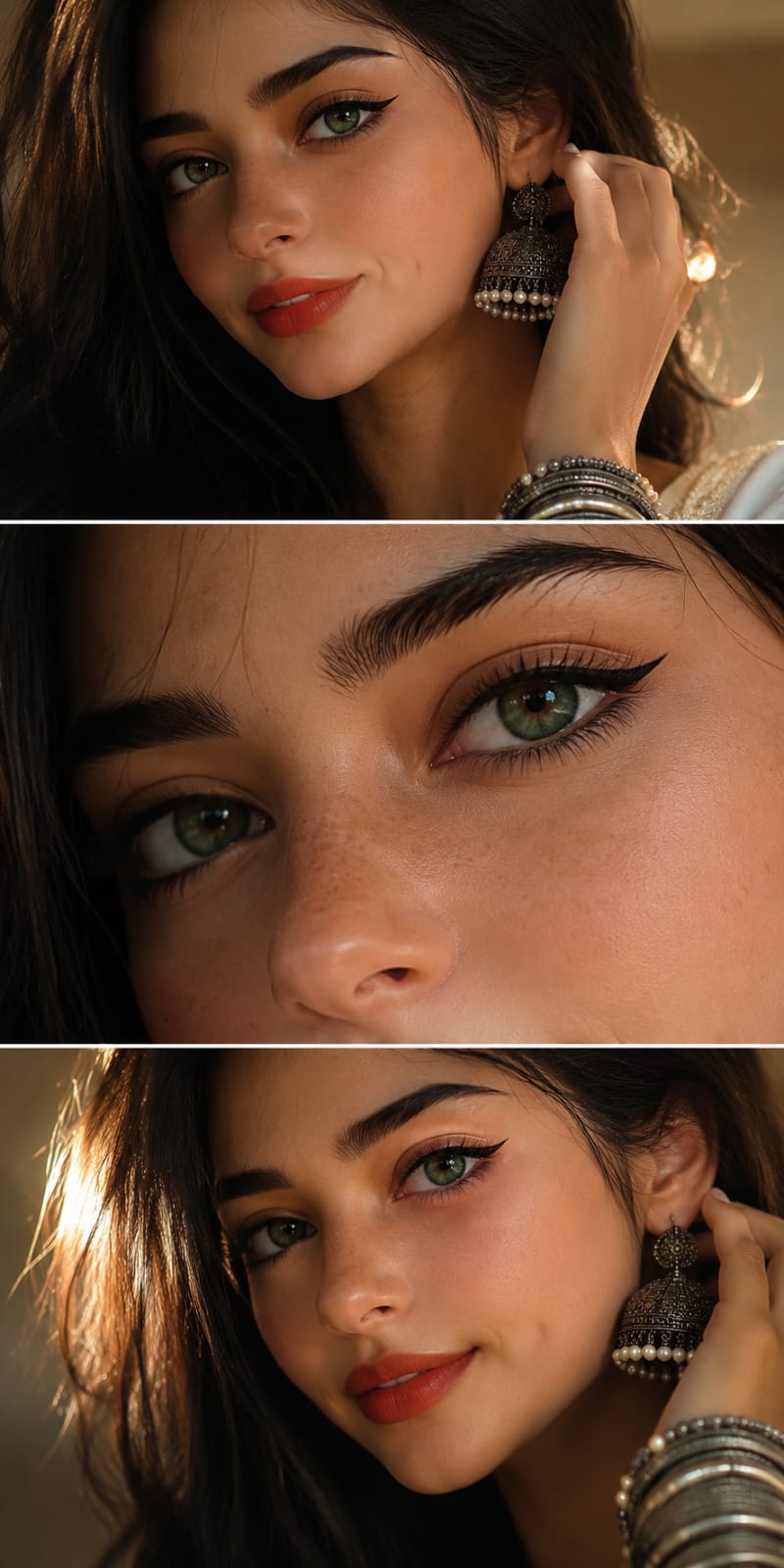Ultra-realistic vertical 3-panel beauty collage of a young South Asian …