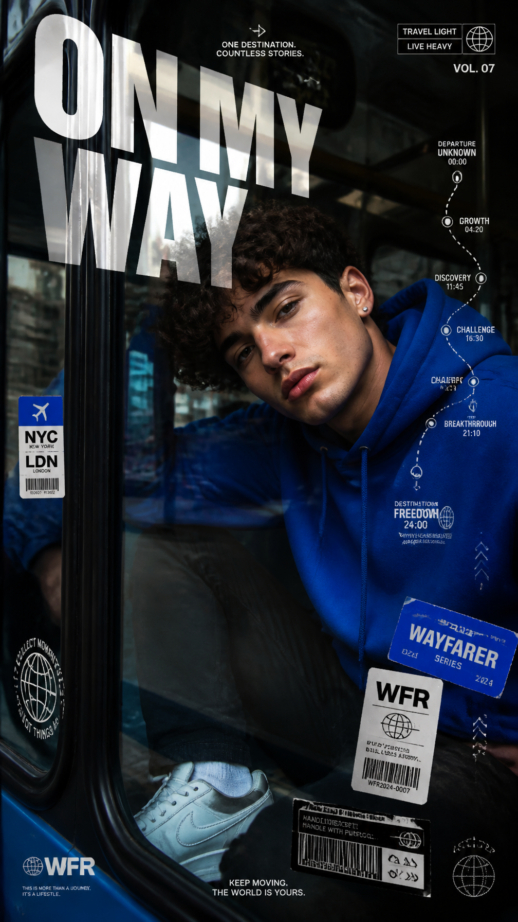 A premium 9:16 streetwear editorial advertising poster.Main Subject:A y…