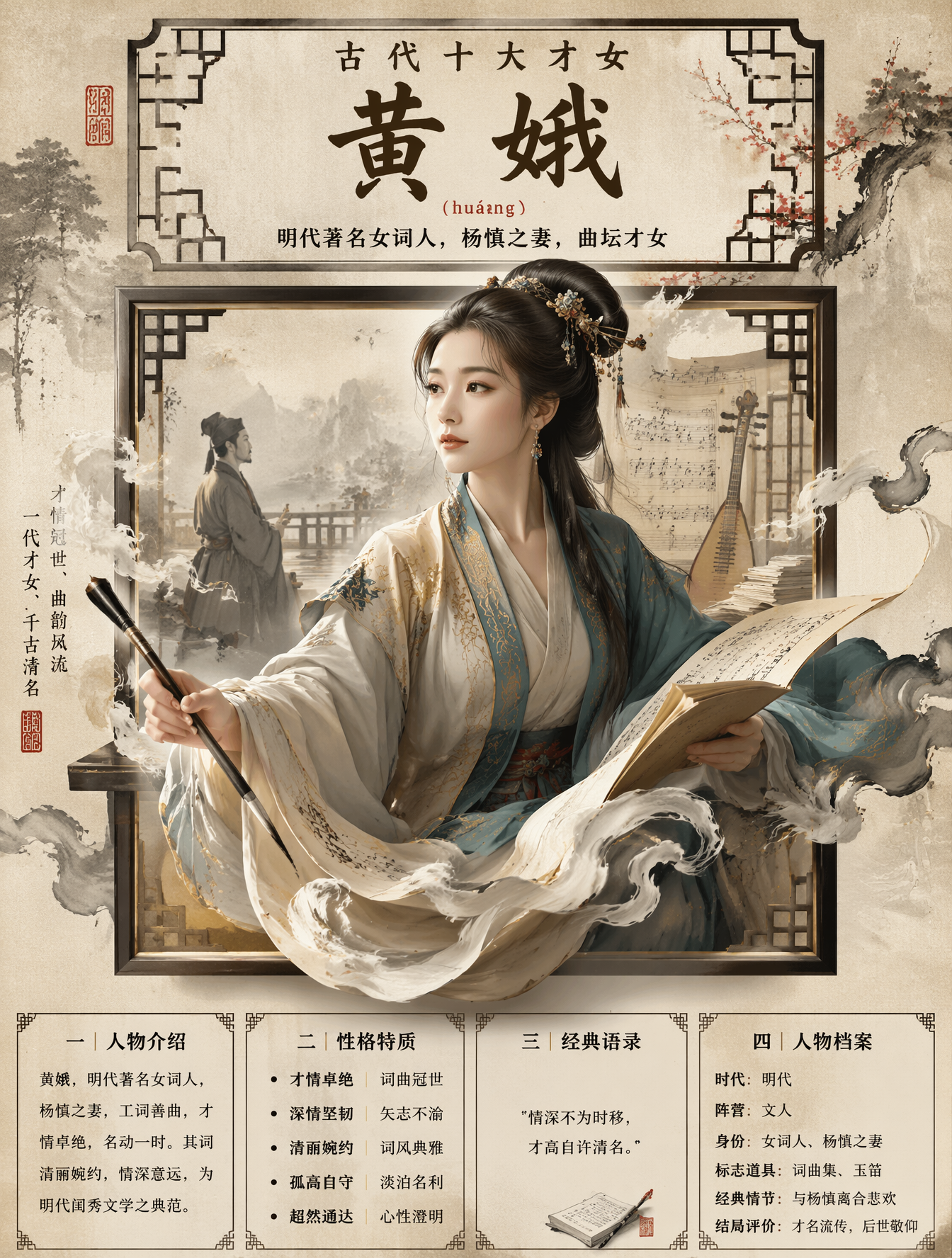 请生成一张【中国古典人物高端国风信息海报】。【人物】人物名称：{黄娥}【前置分析要求】请先基于该人物在中国古典文学、历史叙事或民间文化中的主流…