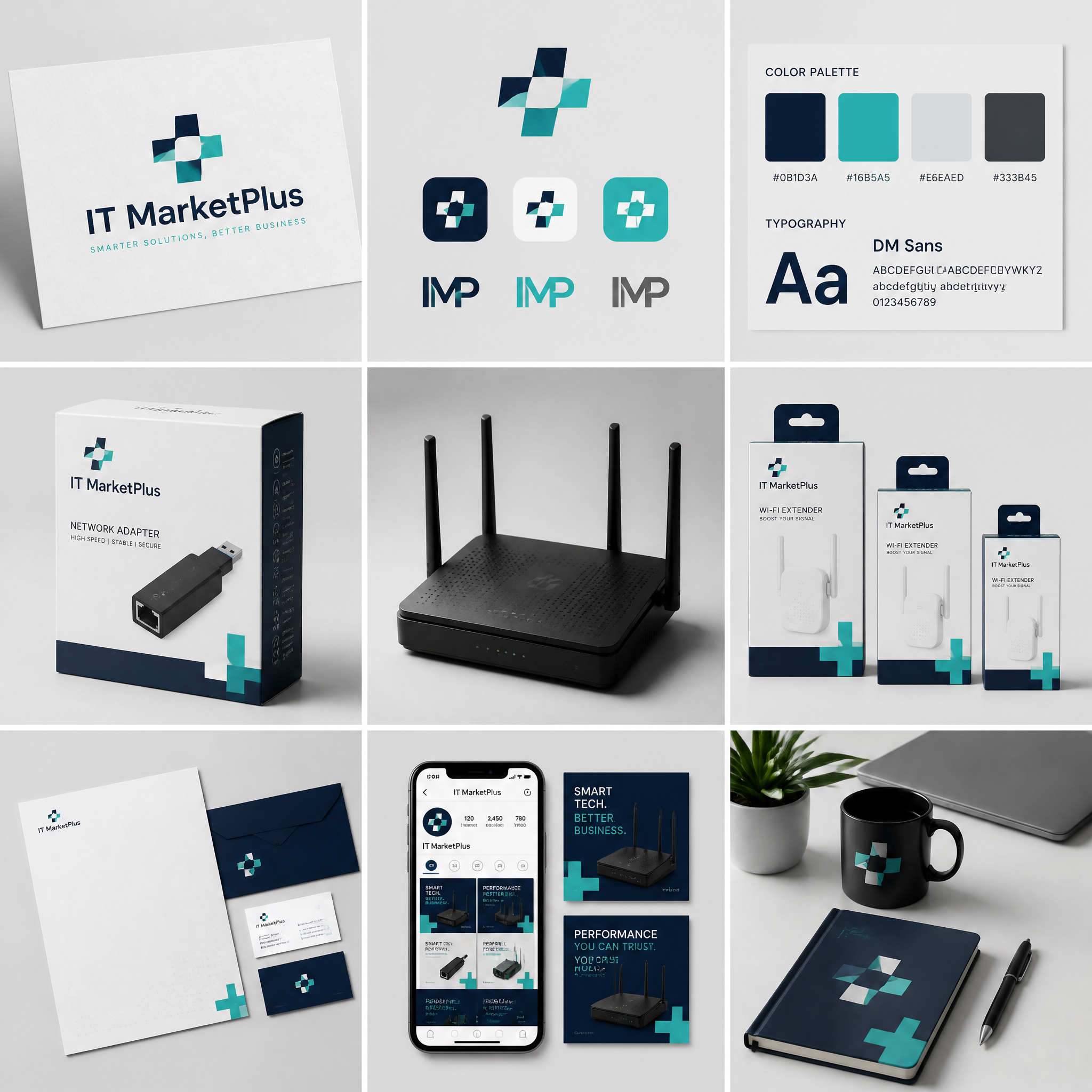 [brand name], complete brand identity grid, 3x3 layout, nine tiles show…