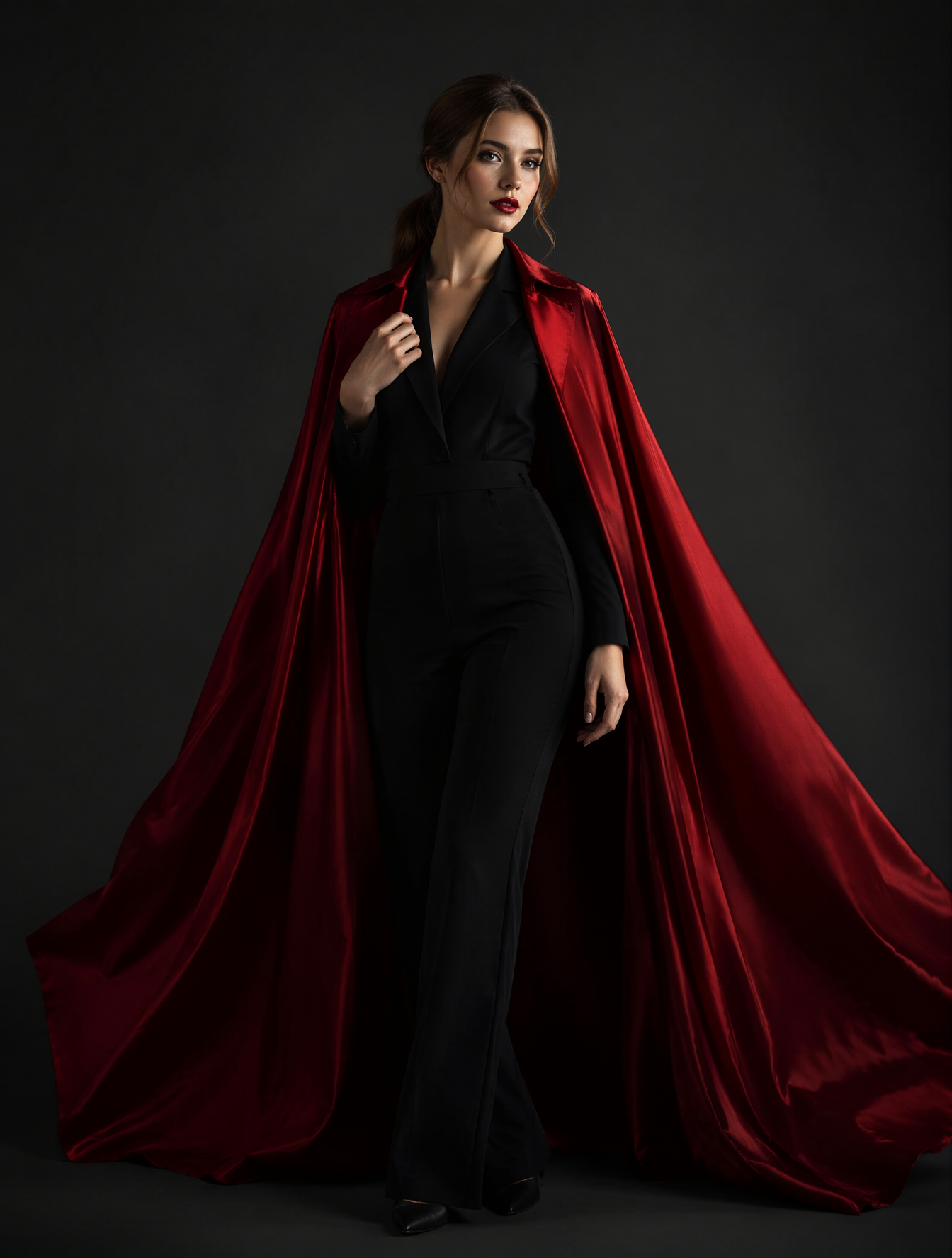A graceful 26-year-old woman with warm ivory skin, hazel eyes, long dar…