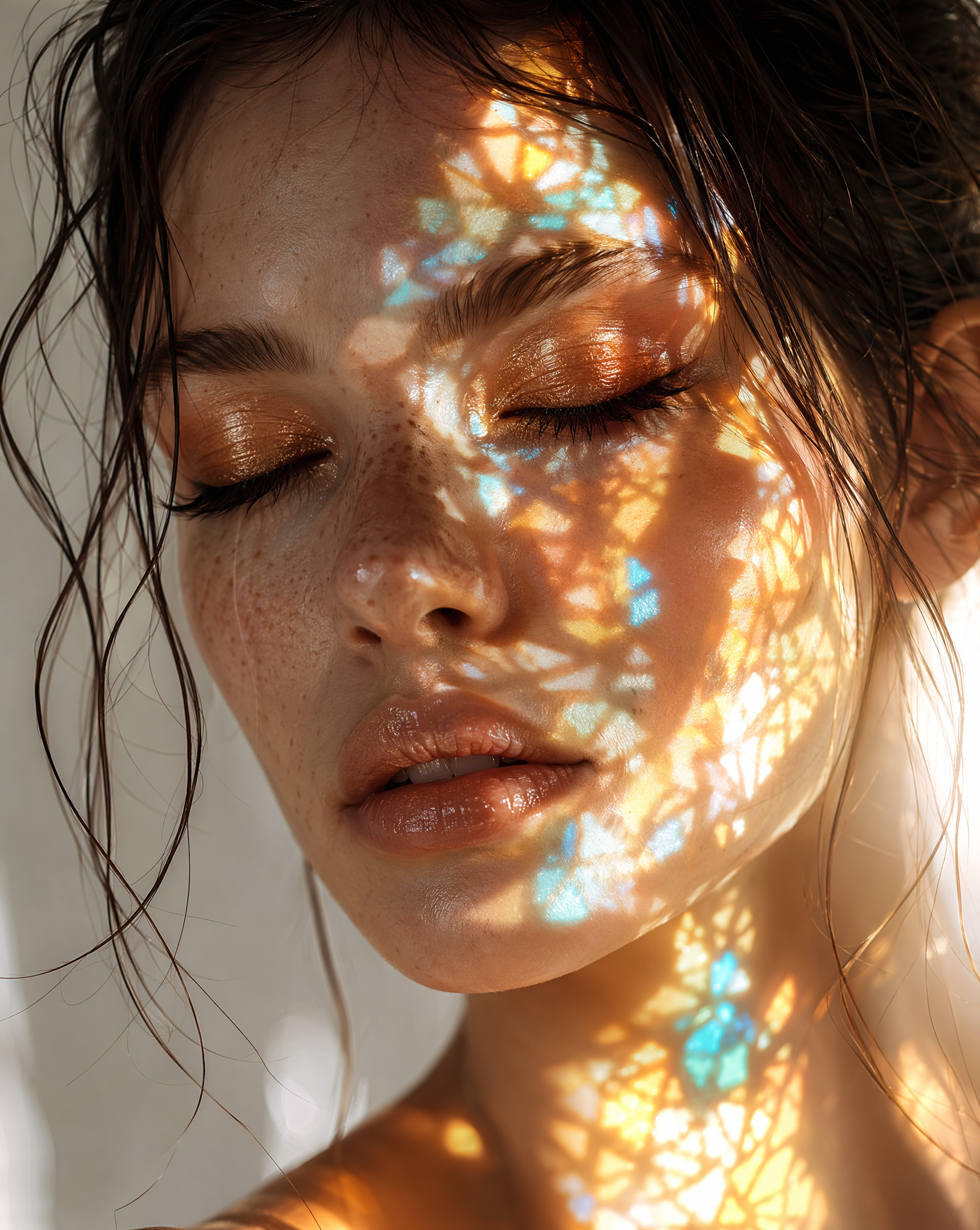 An ultra-realistic fine art portrait of a young woman with her eyes gen…