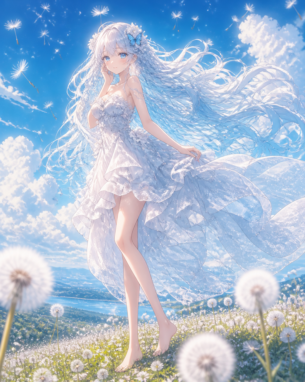 Vertical full-body anime girl illustration, dreamy dandelion meadow sce…
