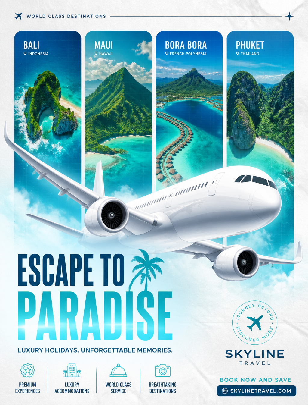 A high-gloss travel promotion poster features a sleek, white commercial…