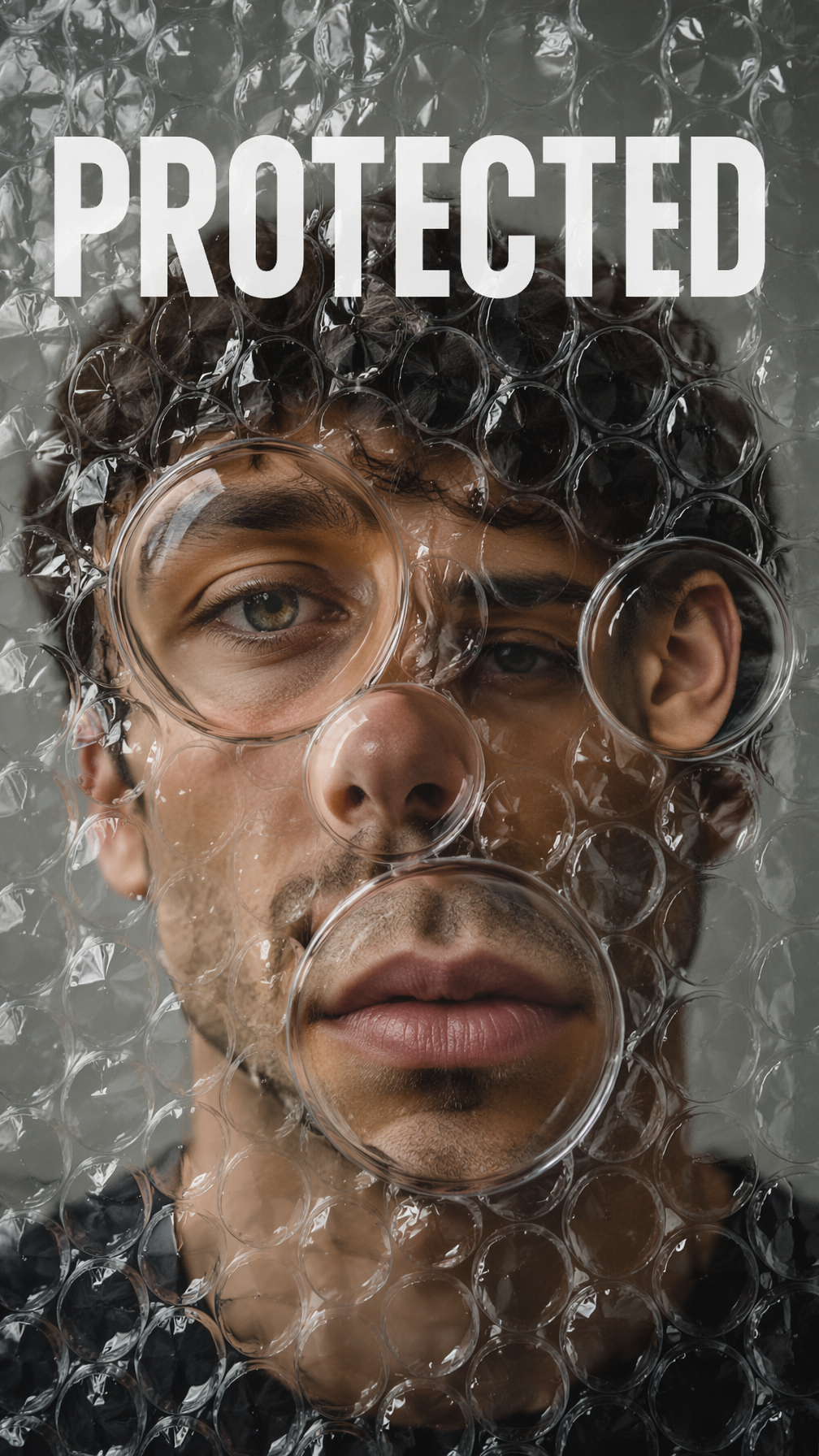 Portrait behind transparent bubble wrap.Each bubble enlarges a differen…