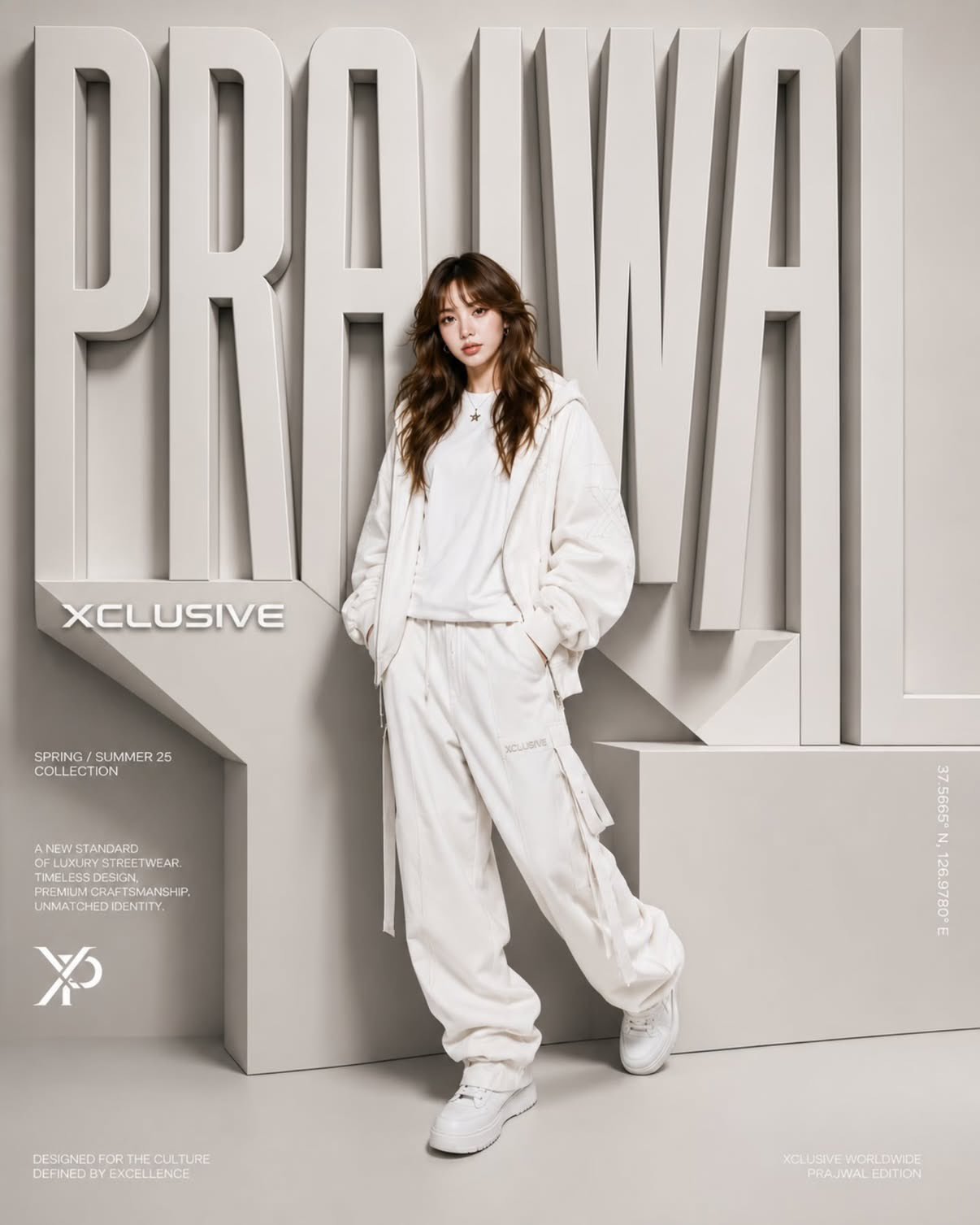 A high-end fashion campaign poster featuring a young model standing con… 1