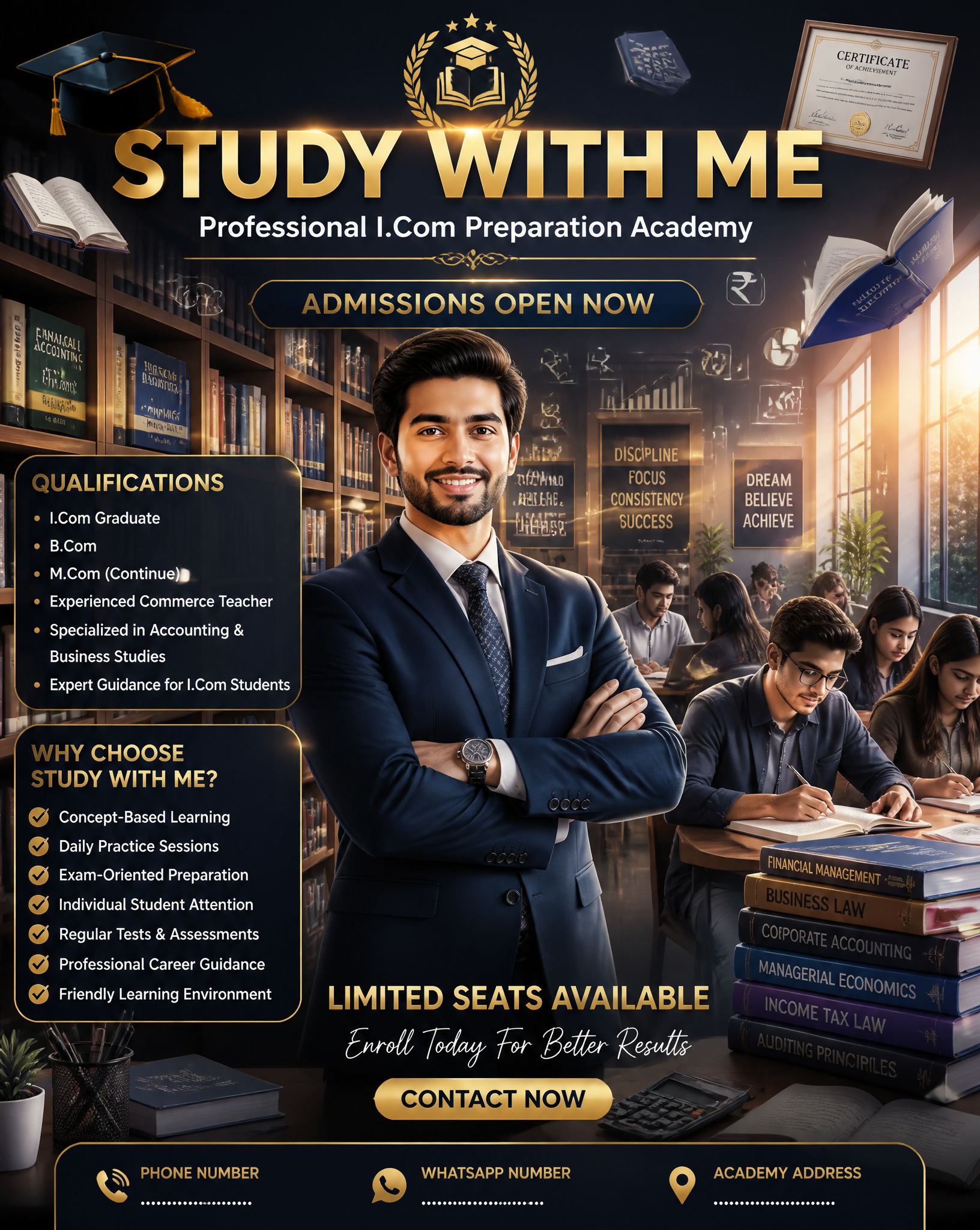 Create an ultra-professional, premium educational academy advertisement…