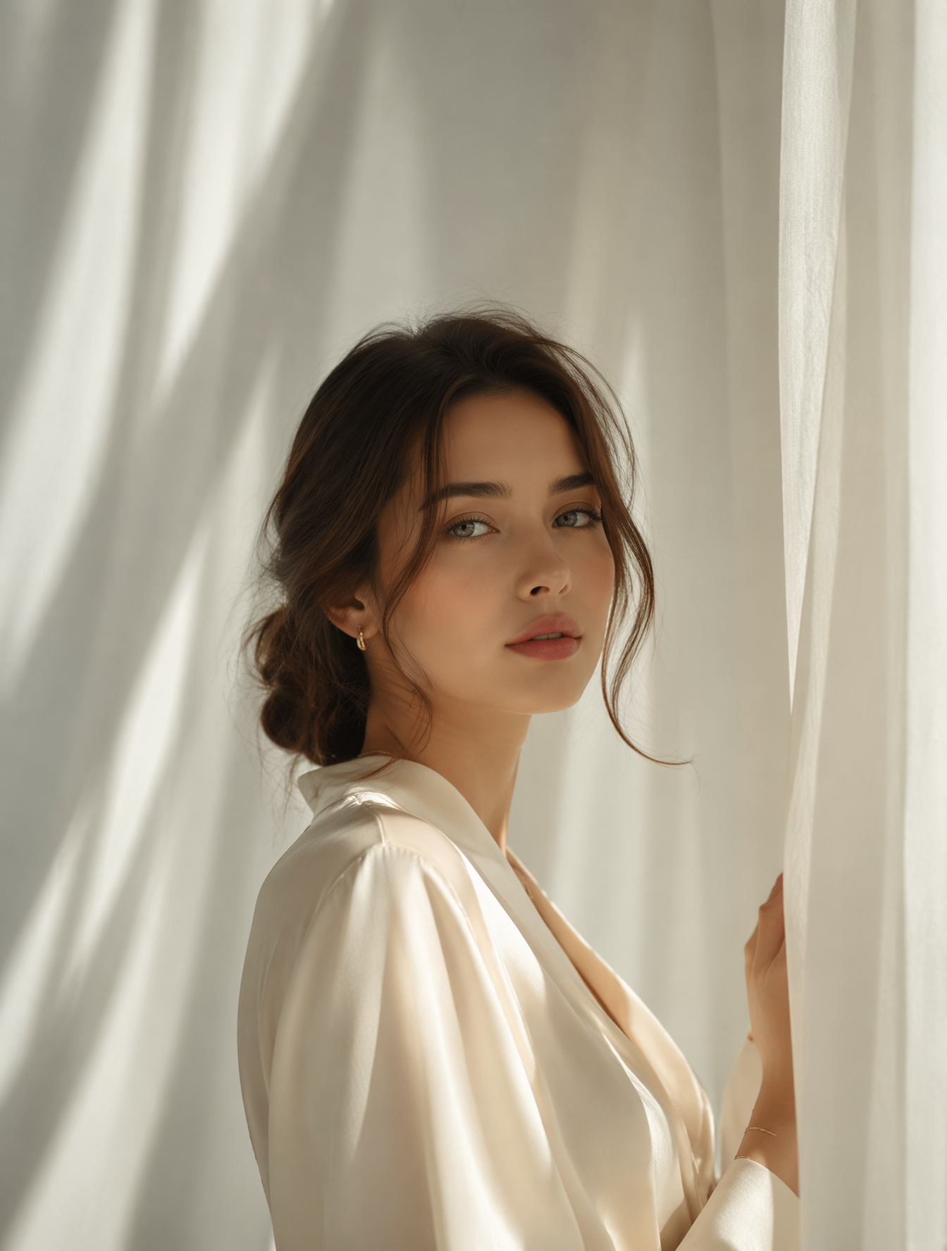 A beautiful 23-year-old woman with luminous ivory skin, gray-green eyes…