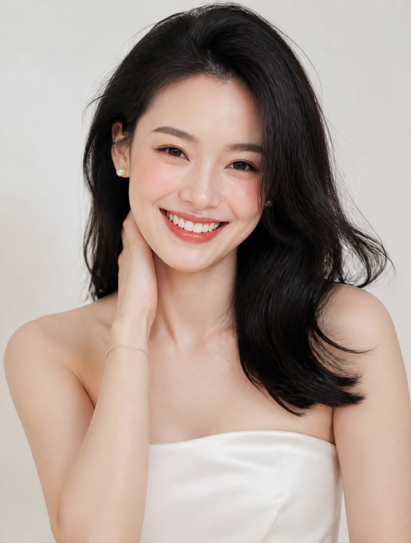 人物肖像照，正面，帮我生成肖像照，正面，28岁亚洲女性肖像，舒淇同款明媚笑容，鹅蛋脸，额头饱满，下颌线流畅。眉毛是自然的弯月形，毛流感清晰。眼…