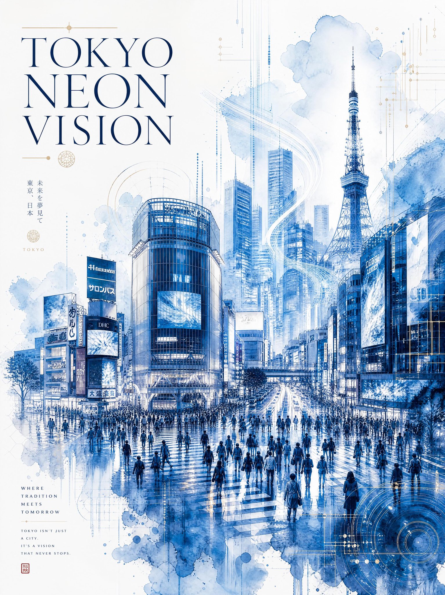 Ultra-detailed watercolor travel poster titled “TOKYO NEON VISION”, ble…
