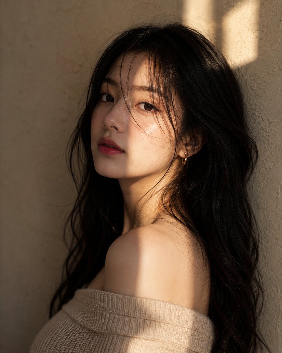 Korean Ultra-realistic editorial portrait of a young Korean woman, uppe…