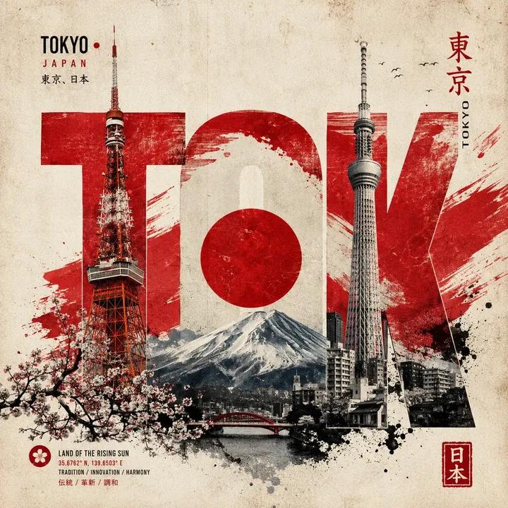 A premium vintage travel poster celebrating Tokyo, Japan, designed in a… 1