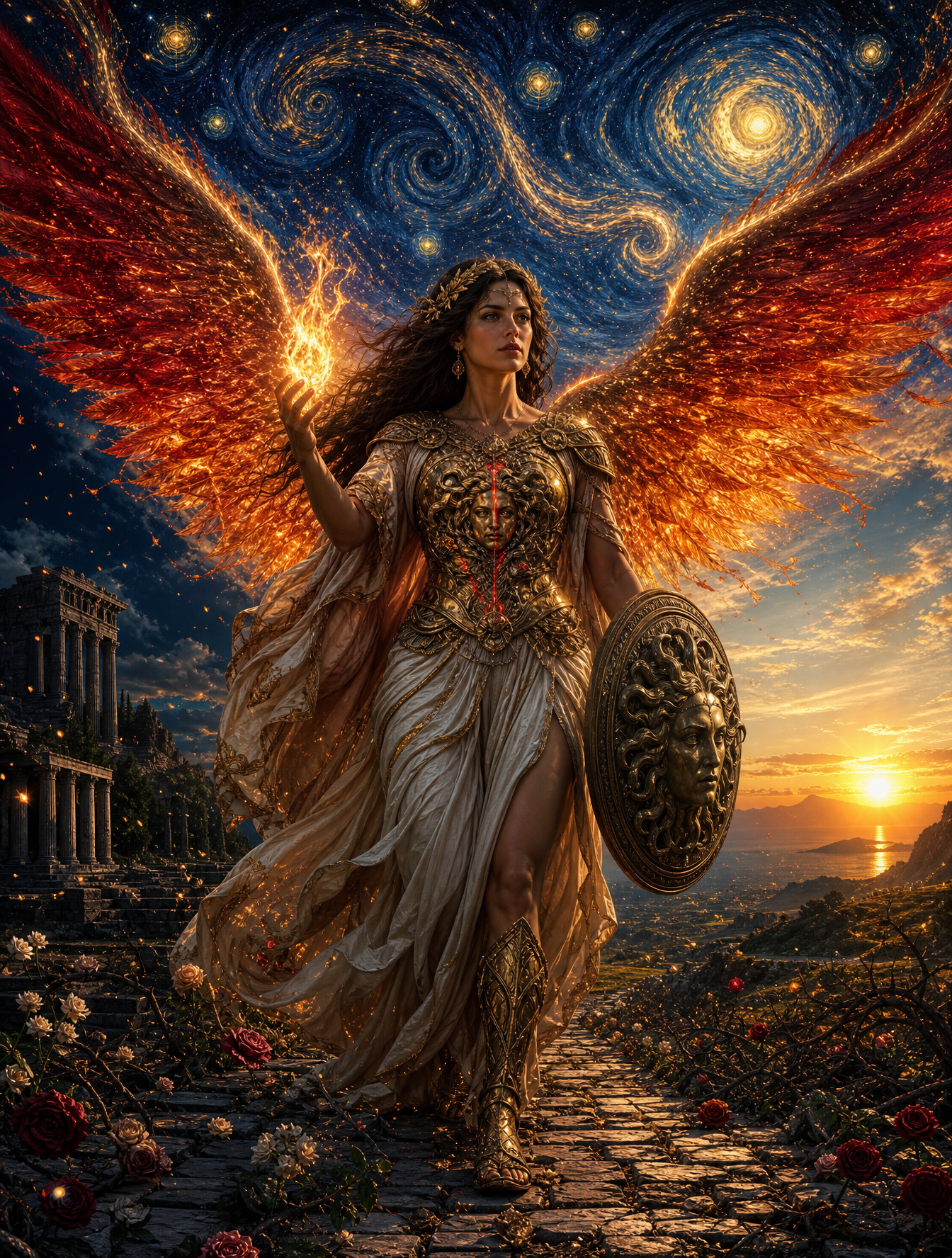 A woman walks steadily between night and dawn, embodying strength, wisd…