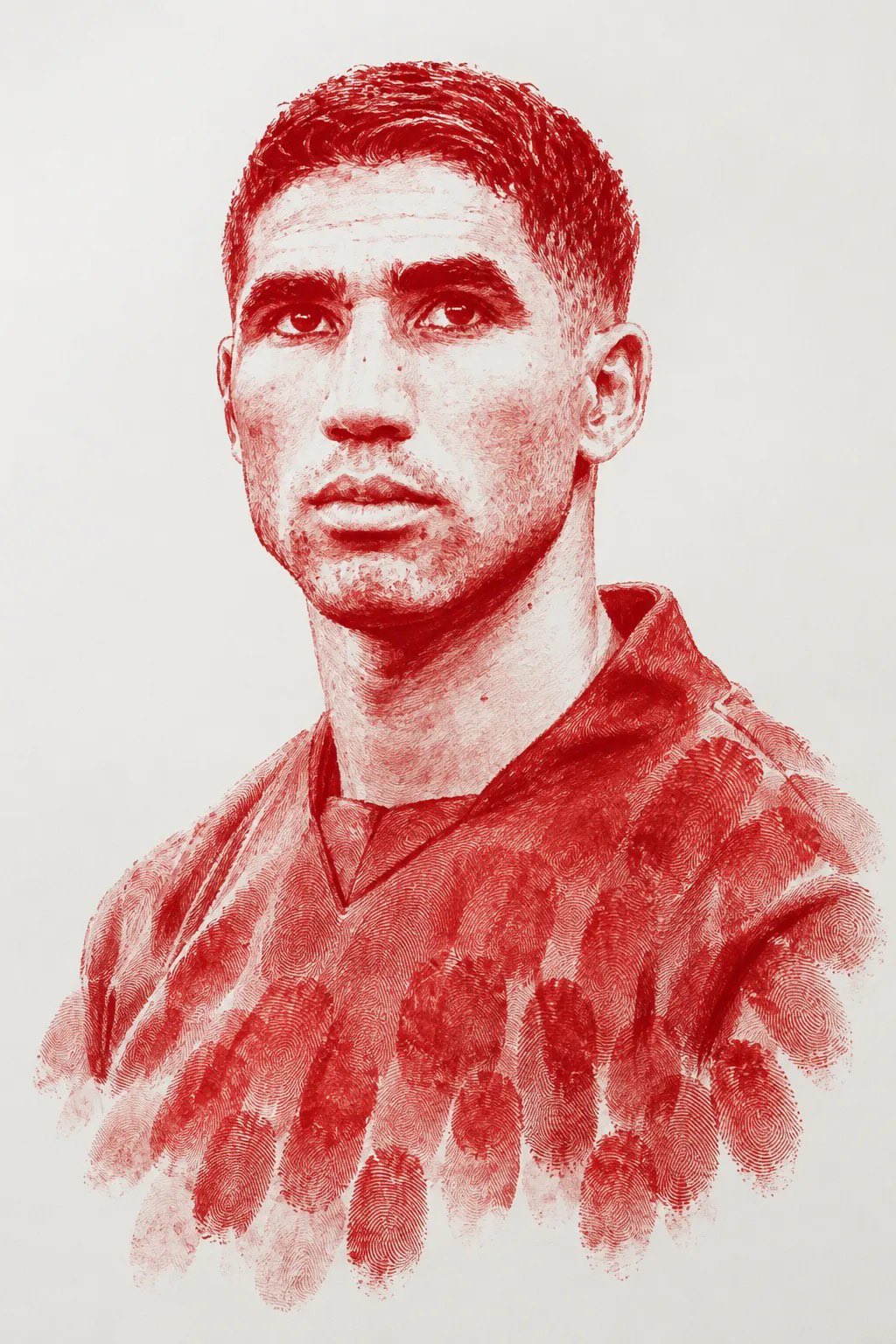 Create an ultra-detailed monochromatic red fingerprint portrait of the … 1